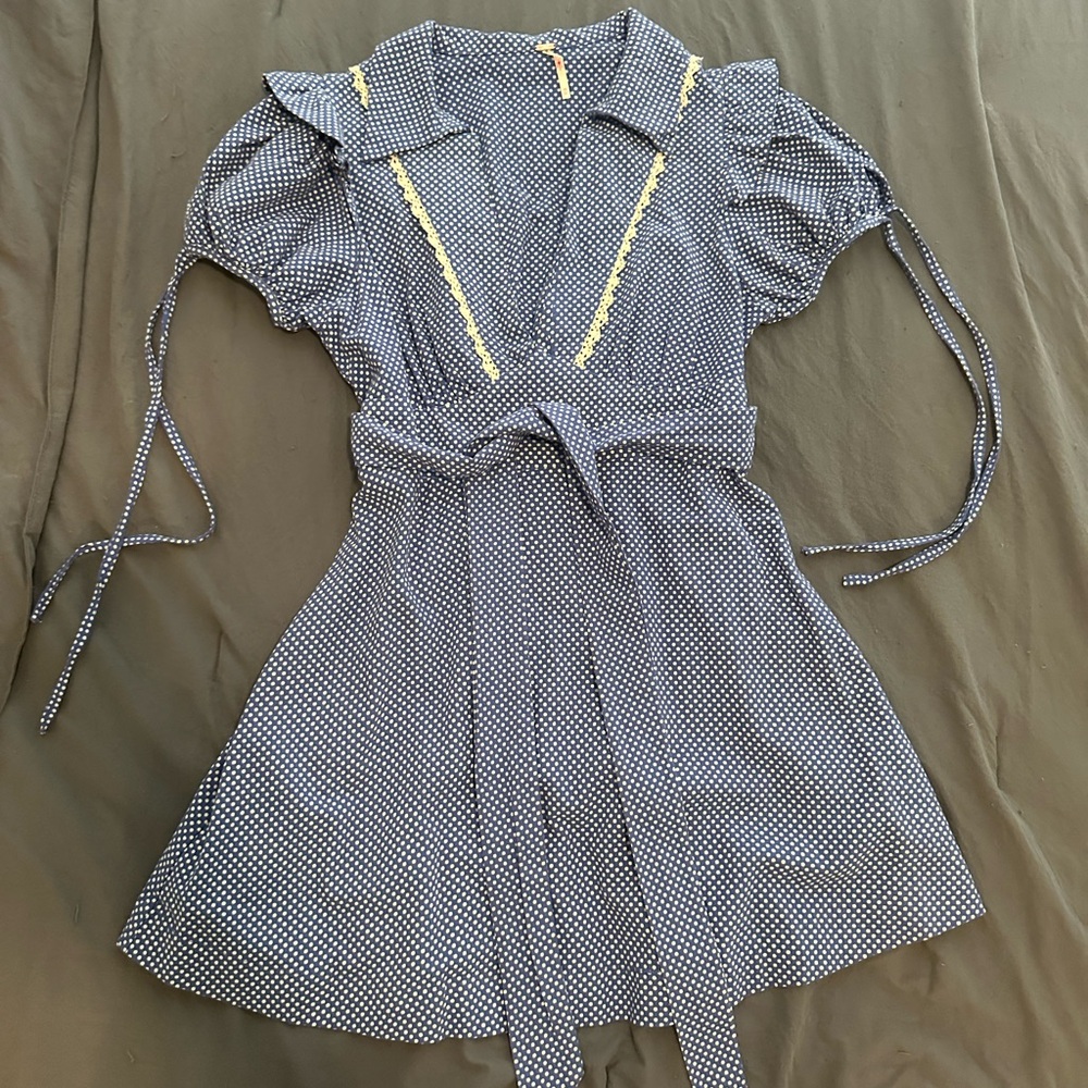 Free People Blue Dress With White Polka Dots Feminine Cute Coquette